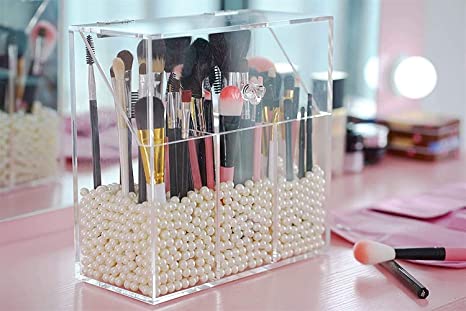 Acrylic Makeup Brush Holder with Lid and Beads Cosmetic Storage